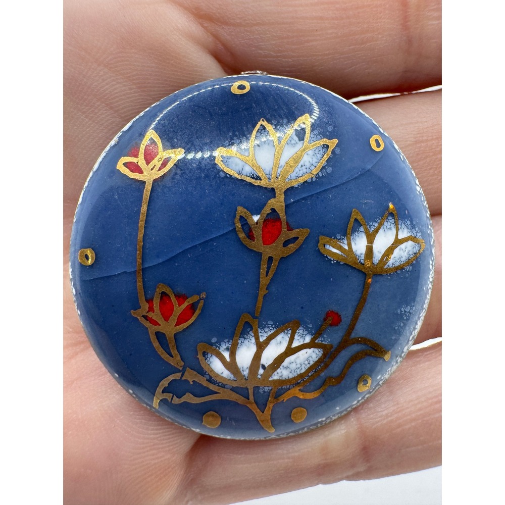 Vintage Gertrude Hacker Signed Enamel Floral Brooch Blue Gold Mid Century Art